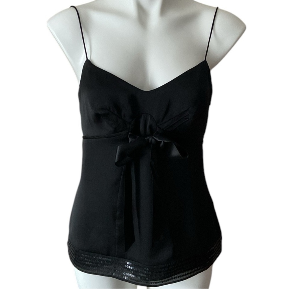 Vintage LOFT Y2K Black Satin Sequin Camisole With Bow Top Size 8 Petite